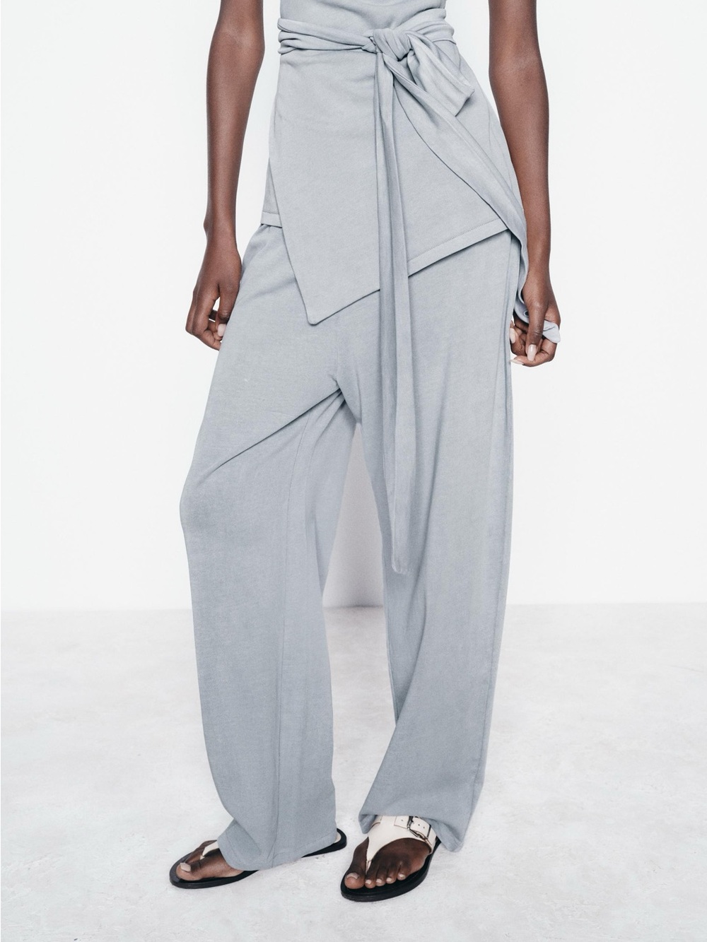 Zara Light Gray Wide-Leg High-Waist Pants with Wrap Tie